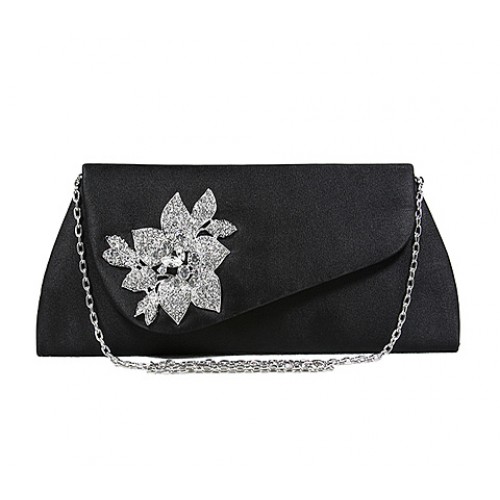 Evening Bag - Satin w/ Rhinestone Flower Charm Accent - Black - BG-100155B Evening Bag - Satin w/ Rhinestone Flower Charm Accent - Black - BG-100155B